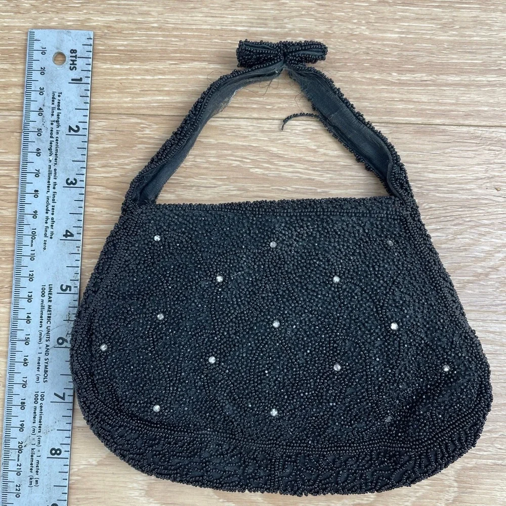 Vintage Black Beaded Evening Bag Rhinestone Floral Bow Handle Handbag 1950s